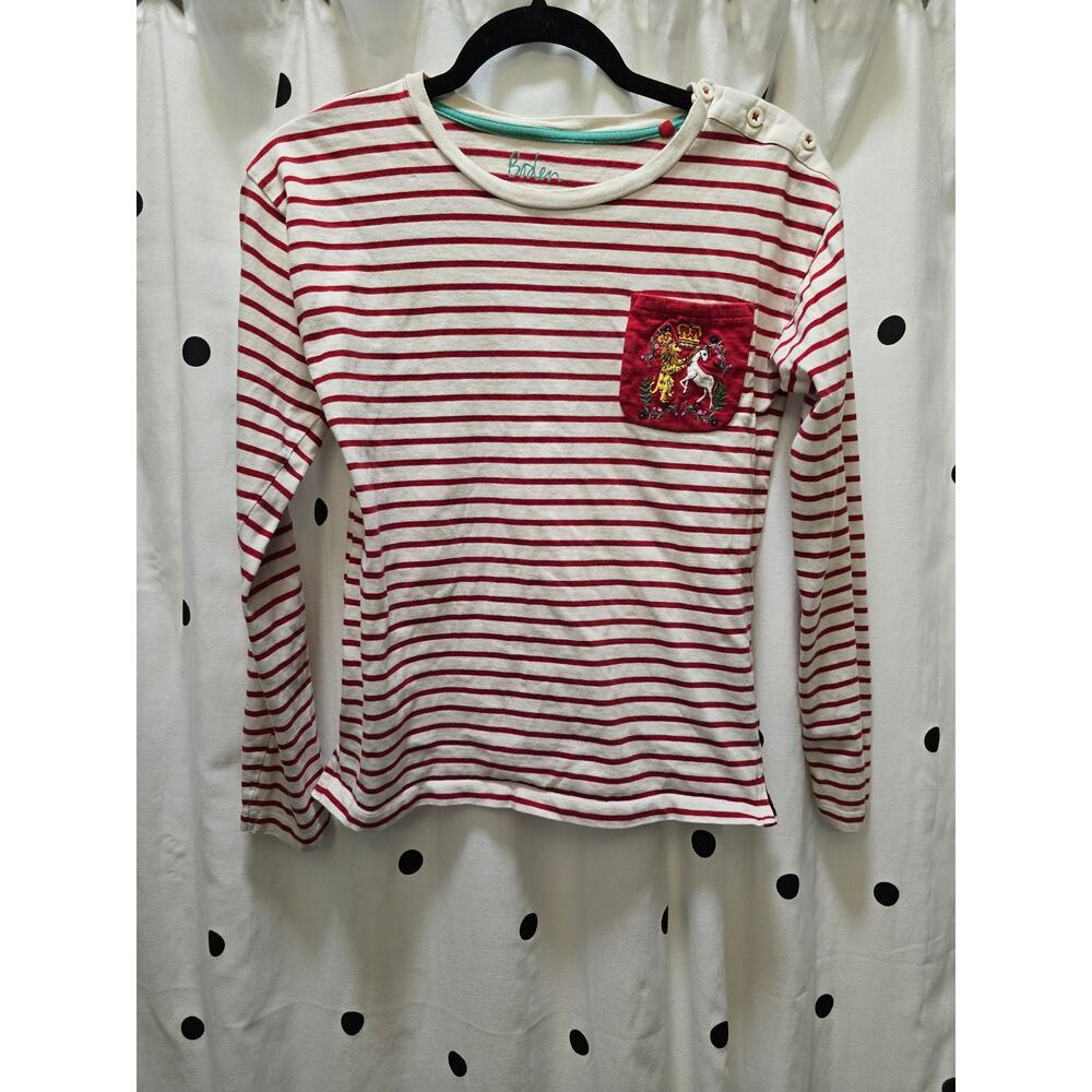 Boden 13-14Y striped lion‎ crown embroidered front pocket long sleeve shirt